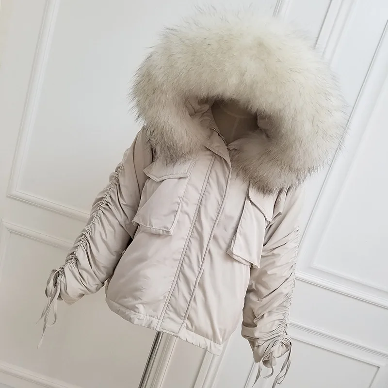 Большой натуральный мех енота 2018 зимняя куртка Для женщин женский белая утка вниз куртка толстые теплые свободные Для женщин Парка на пуху