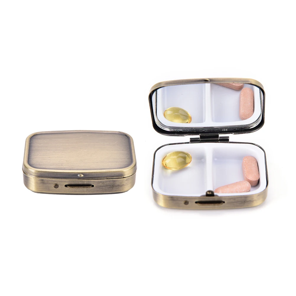 2 Grid Moistureproof Medicine Holder Pill Storage Box Bronze Metal Rectangle Waterproof storage Package Box 56*44*15mm