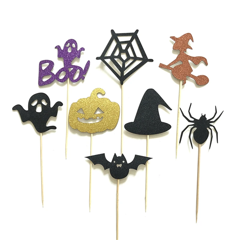 6/8PCS Happy Halloween Cake Toppers Witch Cupcake Flags Cake Toppers Birthday Wedding Cake Toppers Pumpkin Ghost Cat Bats Spider