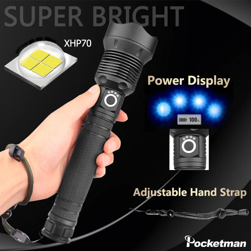 

55000LM LED Flashlight Powerful Bright XHP70 Torch USB Rechargeable Flashlight Zoomable Tactical Flashlight with 18650 Battery