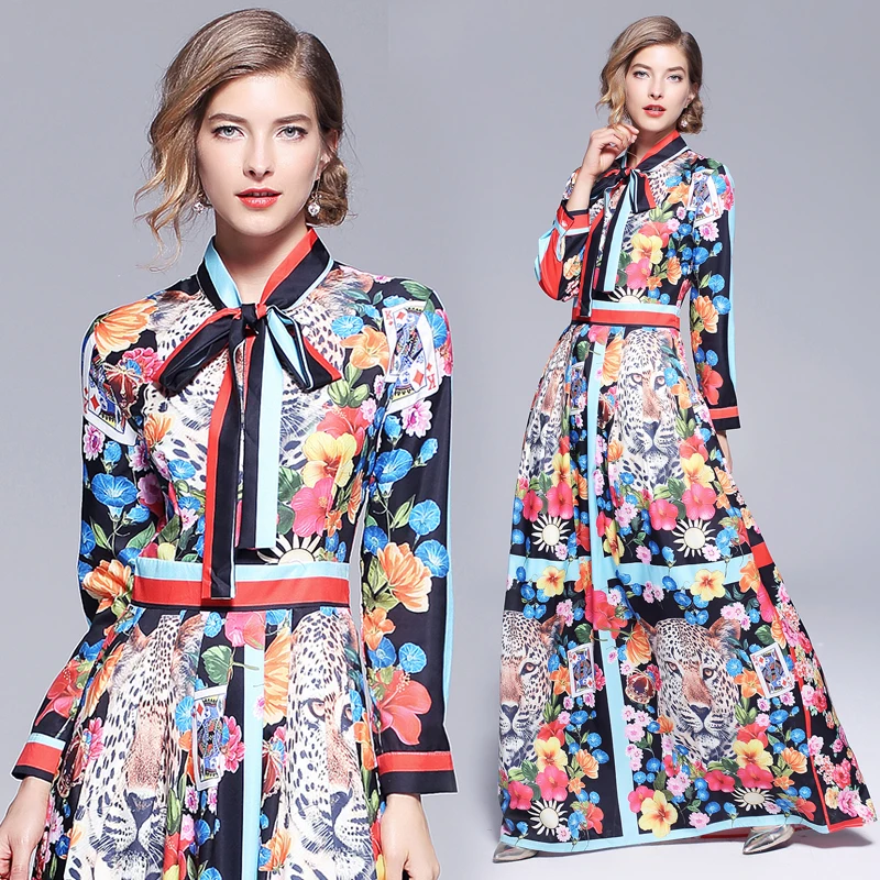 Kopen Vintage Vrouwen Runway Lange Jurk 2018 Designer Lente Herfst Tijger Bloemenprint Boog Hit Kleur Lange Mouwen Dames Maxi Party jurk