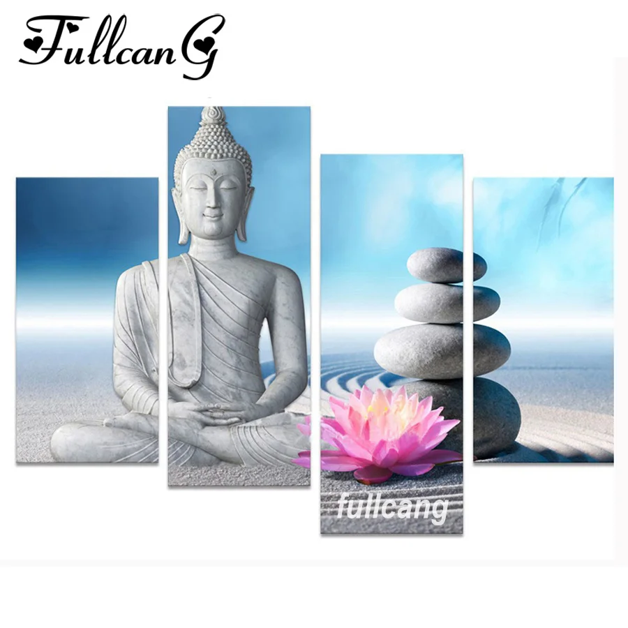 

FULLCANG Full Square Diamond Embroidery Stone Buddha Lotus Diy 4PCS Diamond Painting Cross Stitch 5D Mosaic Decoration F1151
