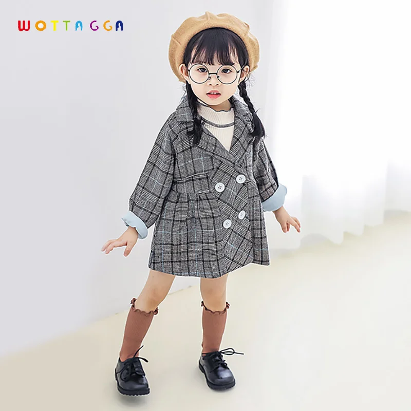 

WOTTAGGA 2018 Girls Wind Coat Grid Englang Style New Autumn Coat Cotton Button Toddler 2-6Y Fashion