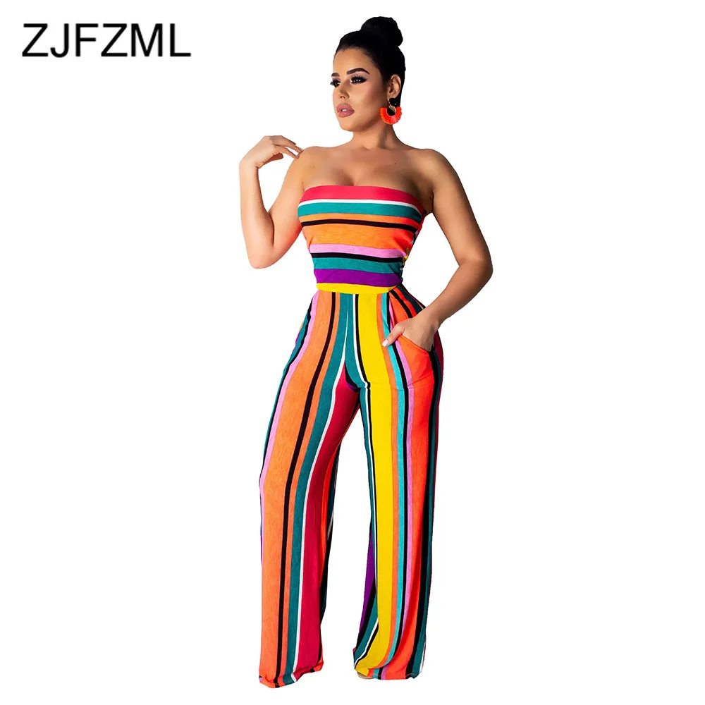 

Colorful Striped Print Sexy Jumpsuit For Women Strapless Backless Night Club Party Romper Summer Off Shoulder Sleeveless Overall