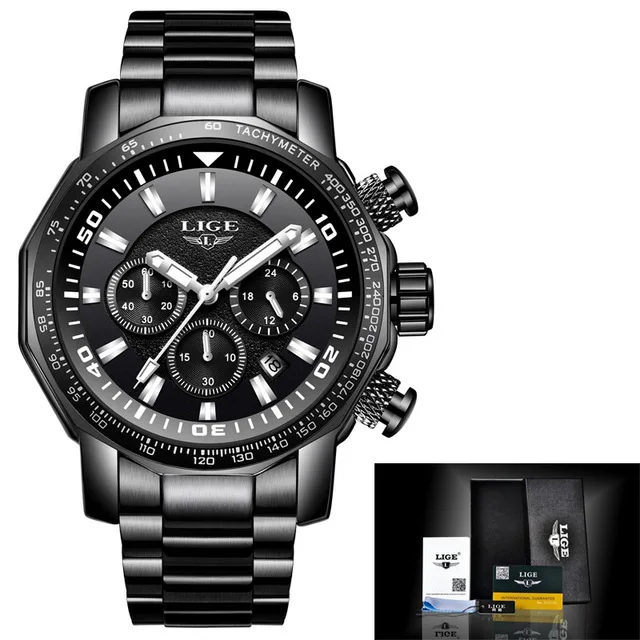 LIGE новые мужские часы Топ бренд Роскошные Спортивные кварцевые мужские часы из стали военные водонепроницаемые часы с хронографом Relogio Masculino - Цвет: all black