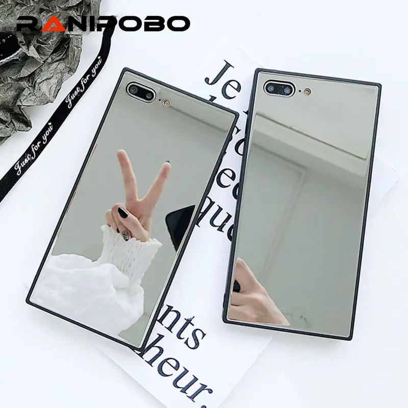 

Cosmetic Mirror Square Phone Case For iPhone X 6 6S Plus 7 7Plus 8 8Plus Glossy Glass TPU+PC Phone Back Cover Coque