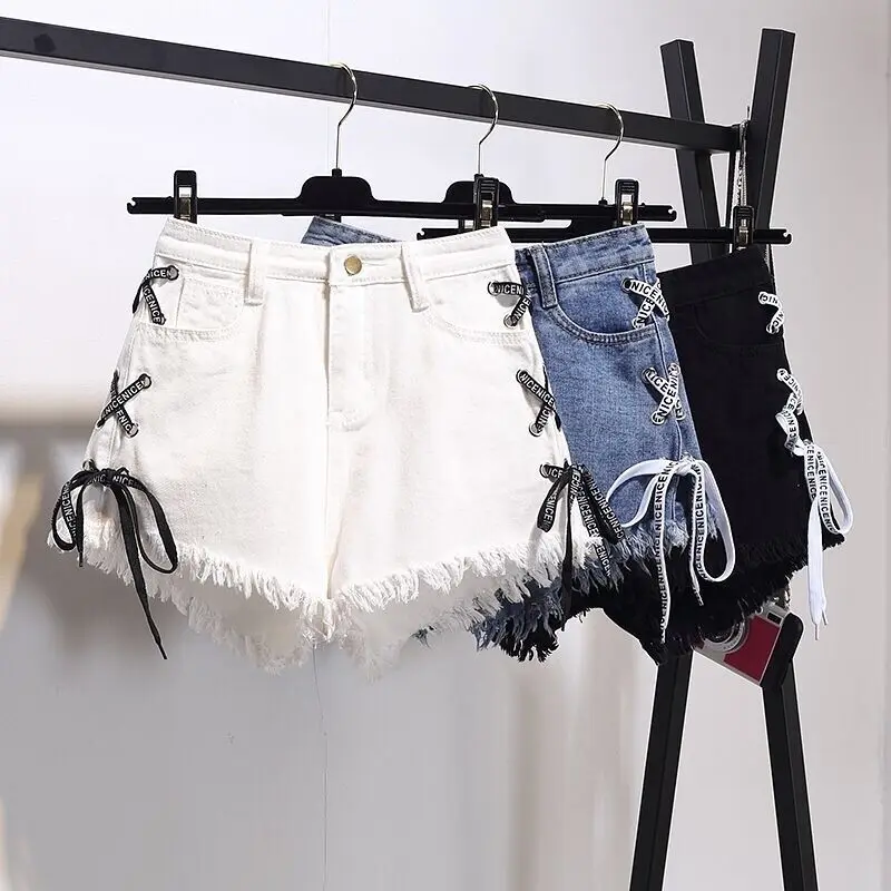 Женские винтажные джинсовые шорты Harajuku размера плюс 4XL 5XL с бахромой на шнуровке