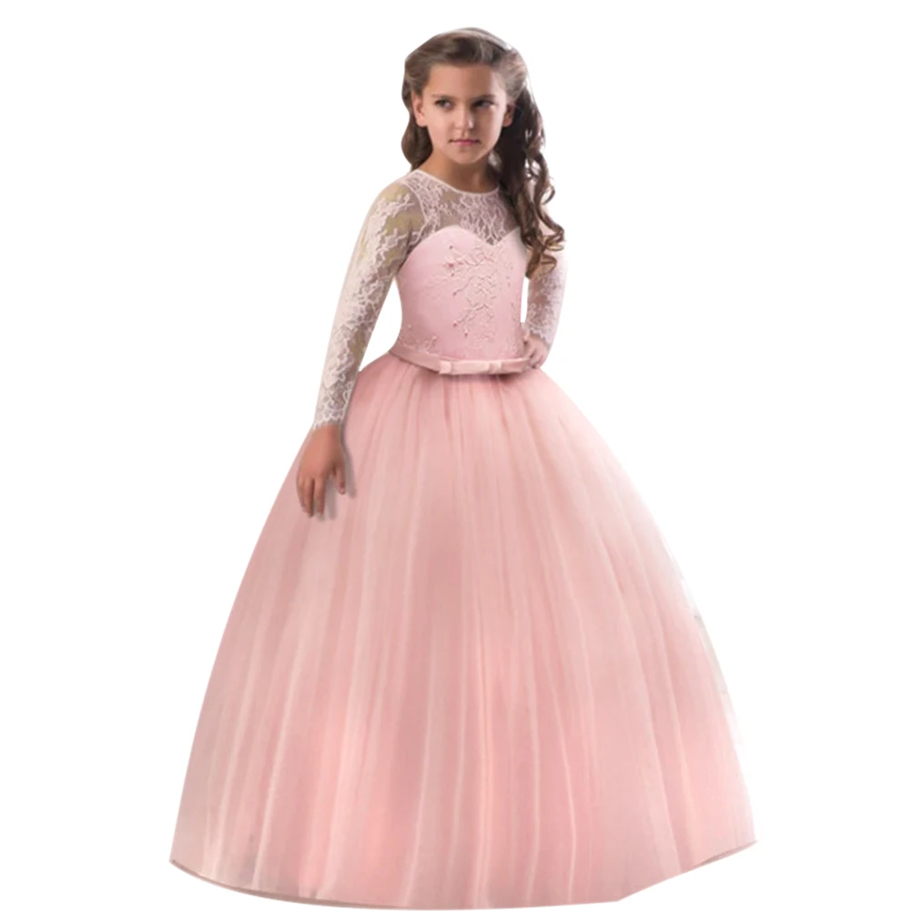 

2019 New Kids Girls Summer Formal Dress Long Sleeves Lace Round Neck Mesh Bowknot Princess Dress 998