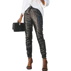 Модные, пикантные блестящие блестками Pu прилегающие брюки для женщин Высокая талия женские длинные мотобрюки Англия краткое стиль