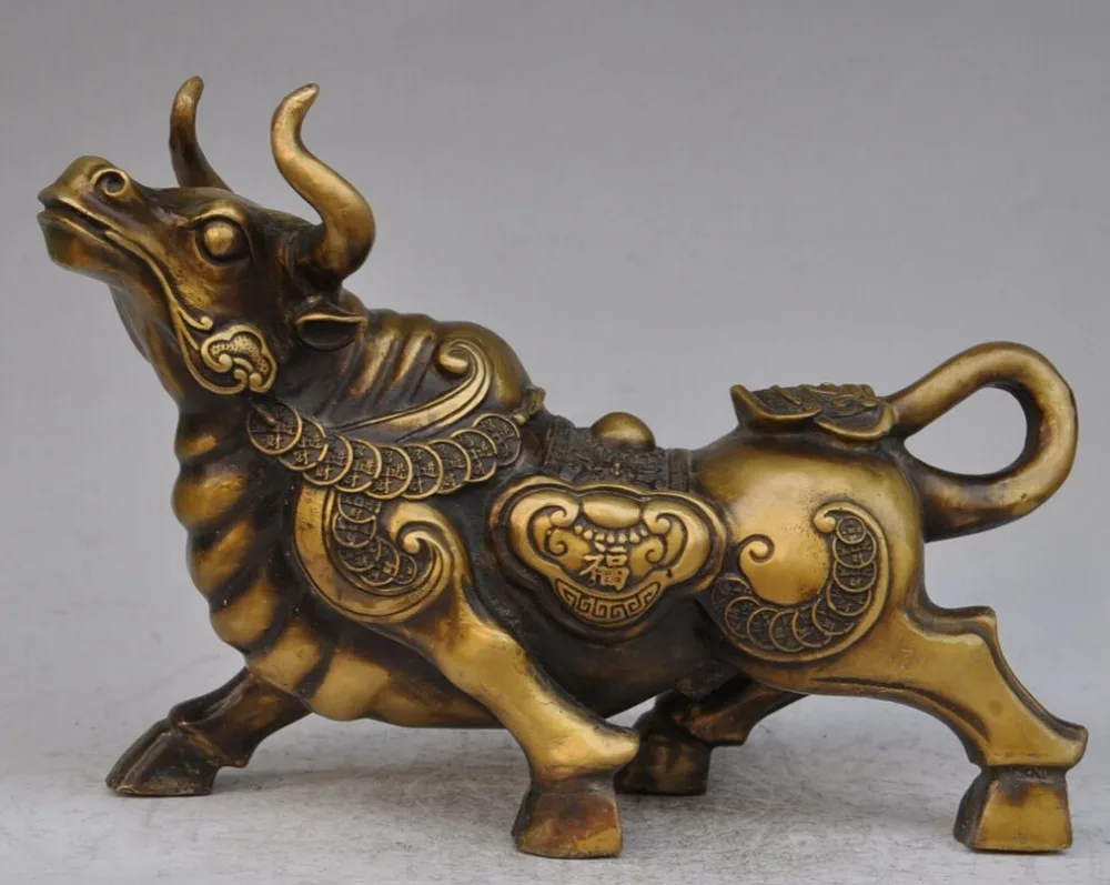 

S3352 13" Chinese Bronze Folk Year Zodiac Wealth Coin RuYi Fu Bull Ox Statue Figurine D0317