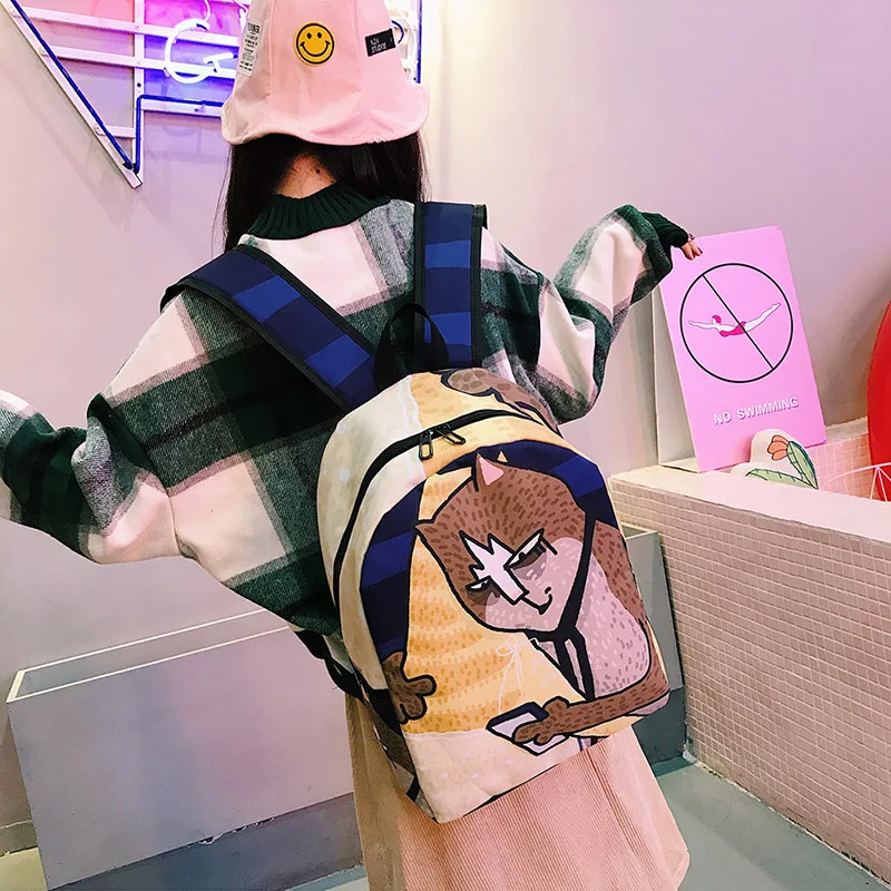 Menghuo Lovely Cat Printing Backpack Women Canvas Backpack School Bags for Teenagers Ladies Casual Cute Rucksack Bookbags (57)