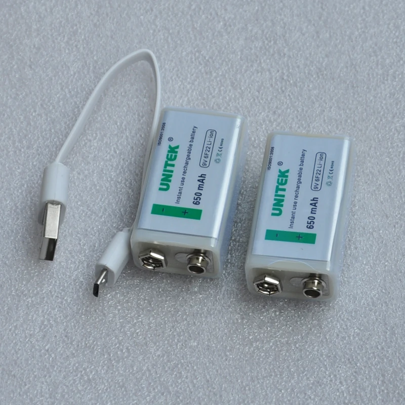 2pc Prismatic USB 9V rechargeable battery 650mAh 6F22 lithium ion cell