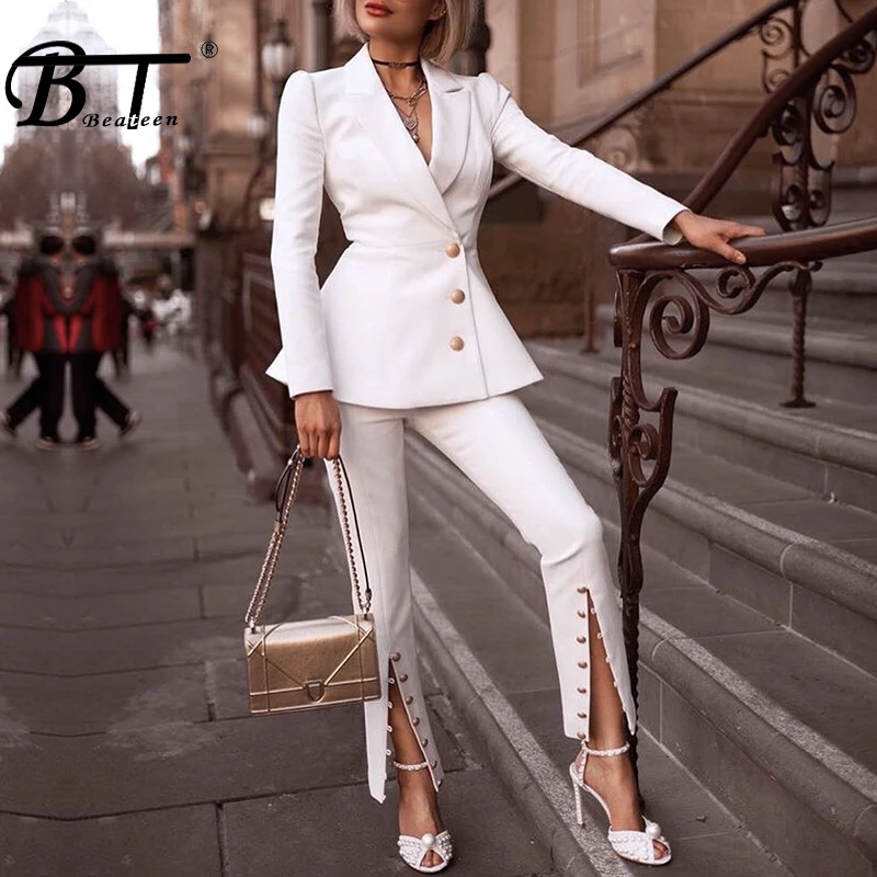 Beateen Women's White Buttons Formal Elegant Blazer Pantsuits 2 Piece Suit Sets 2018 New Fashion