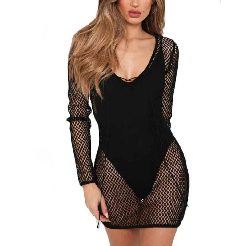 Summer women bathing clothes Solid sundress beach style Club Long sleeve Sun Protection Mesh crochet Net Sexy Blouse See-through