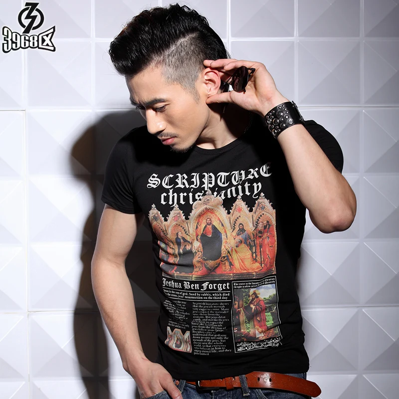 Free shipping Fashion national 3968 trend print black slim o-neck men's clothing short-sleeve T-shirt basic shirt | Мужская одежда