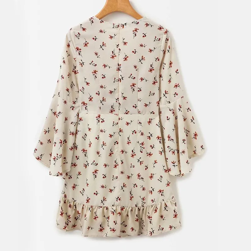 yinlinhe White Floral Autumn Dress Long Flare Sleeve Slim Waist Women Wrap Dress Bow Tie V neck Bodycon Ruffles Vestido 10