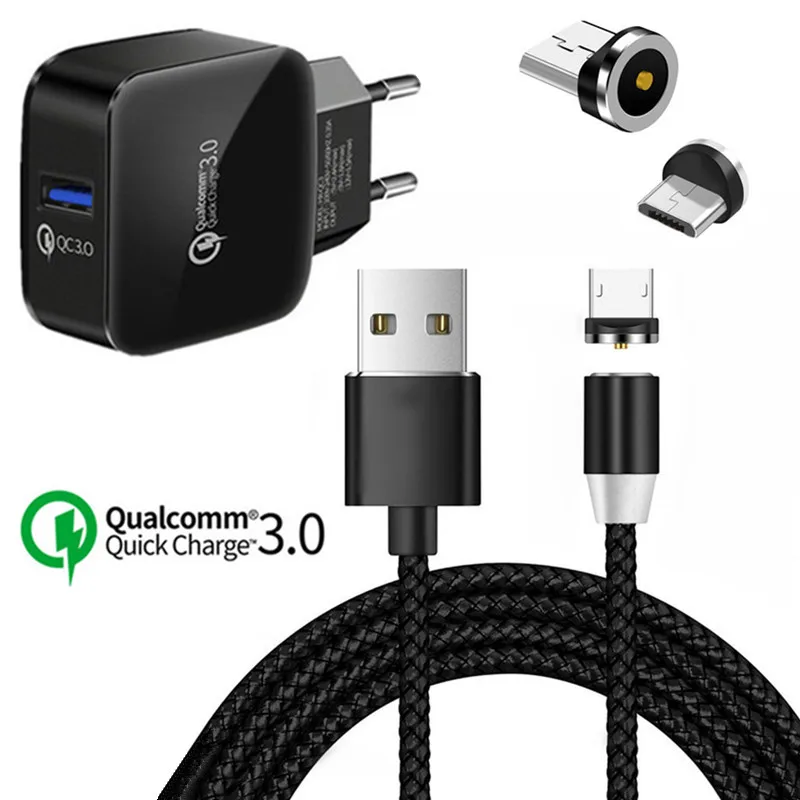 

For Samsung A7 2018 A6 J4 J6 J7 Neo Huawei Honor 9 lite ZTE Blade V7 V8 cellphone QC 3.0 Fast charger + magnetic Micro USB Cable