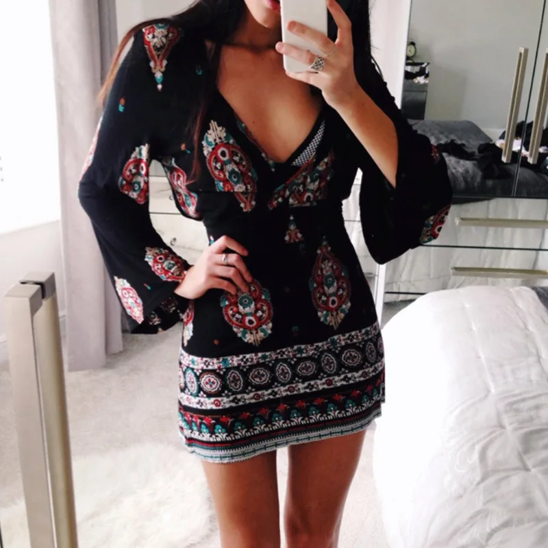 New Fashion Women Sexy Deep V Neck Long Flare Sleeve Boho Print Mini Dress Cocktail Party Exotic