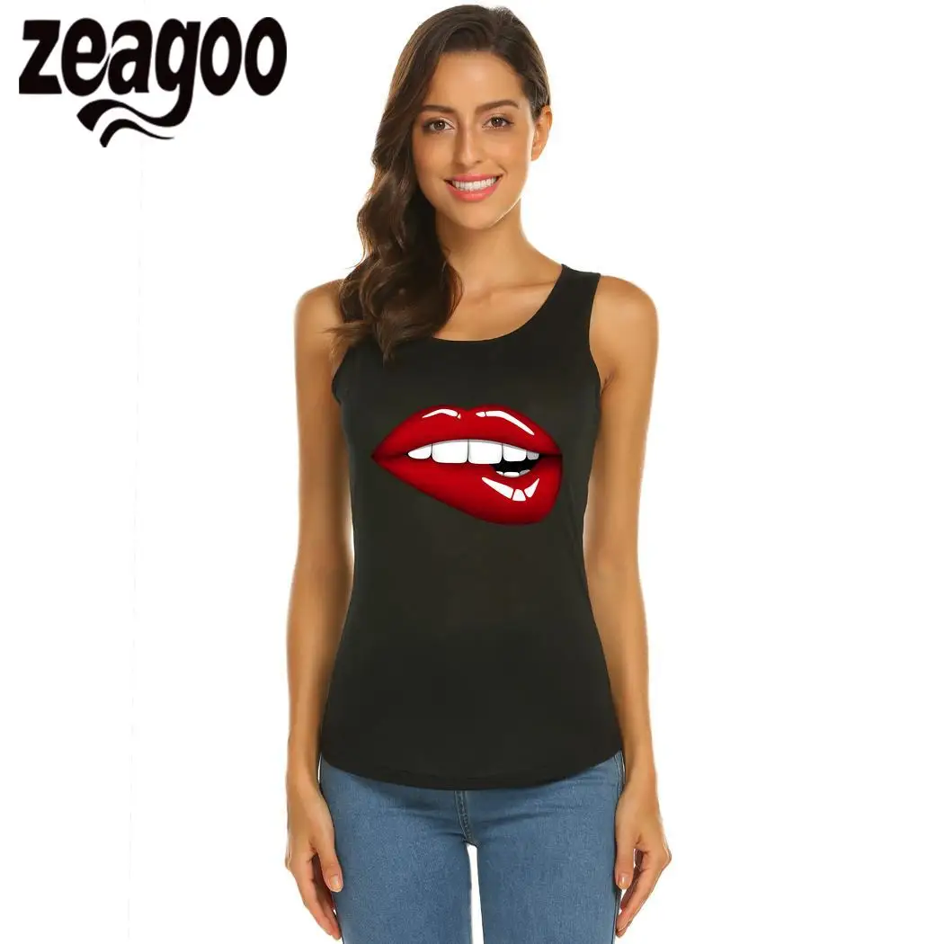 zeagoo Slim Casual Solid O-Neck Sleeveless Women Fit Soft T-Shirt Biting Lip | Женская одежда