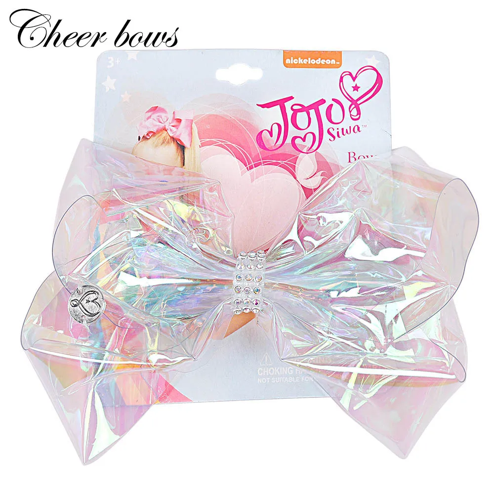 

6" Transparent Plastic Leather Rainbow Hairbow Rhinestone Center Hair Clips With Gift Card For Kids Party Dance Hair Accessories