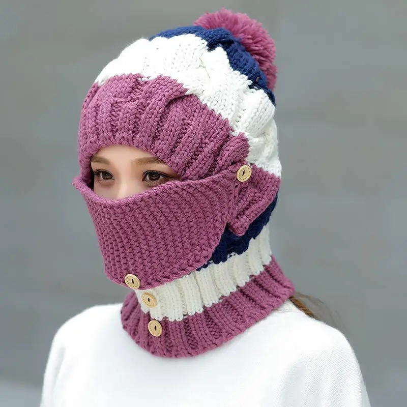 Зимняя шапка, шарф, комплект для женщин, уплотненные зимние шарфы с кольцами и масками, зимняя шапка унисекс, Женский комплект для девочек - Цвет: purple