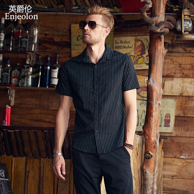 

Enjeolon Brand Summer Short Sleeve Shirt Men Striped Shirt Cotton Clothing Male Casual For Men Beach Shirt Clothes C2252