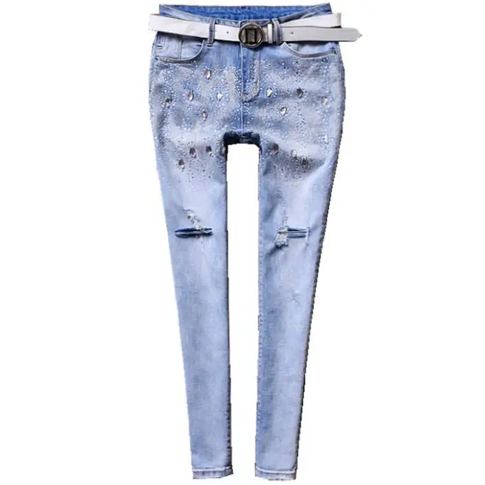2019 новые летние модные рваные джинсы узкие для женщин тяжелый woek алмаз промывают лодыжки длина узкие джинсы