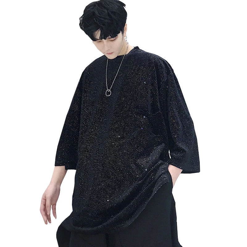 M-xl! Летняя Корейская Серебряная Блестящая футболка с рукавом в семь точек tide брендовая мужская широкая версия Темная футболка