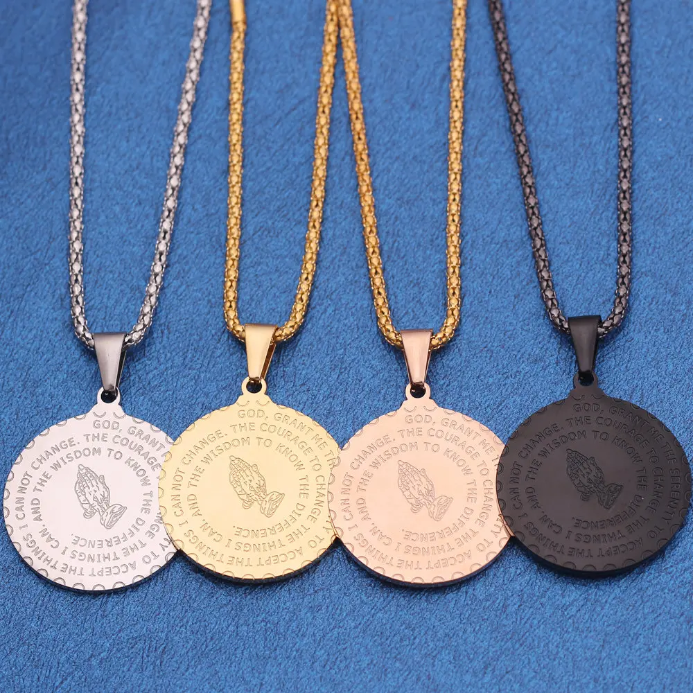 

Felicelia Christian Bible Prayer Stainless Steel Necklace Coin Medal Round Pendant Pray Safety Long Chain Men Women Collar Gift
