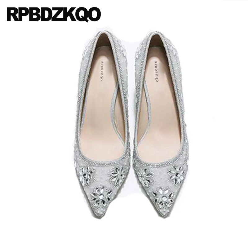 

Silver Rhinestone Heels Diamond 8cm Ankle Strap Pointed Toe Women Cinderella Crystal Pumps Wedding High Shoes Size 33 Scarpin