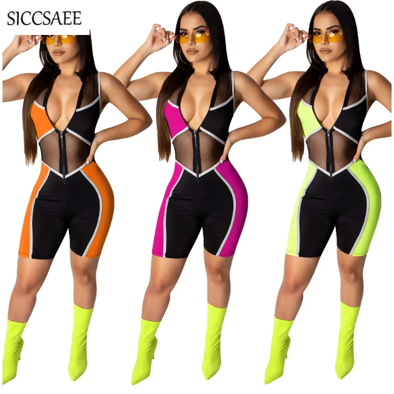 

Knee Length Pants Rompers Womens Jumpsuit Mesh Patchwork See Through Sexy One Piece Bodycon Bandage Bodysuit Slim Fit Playsuits
