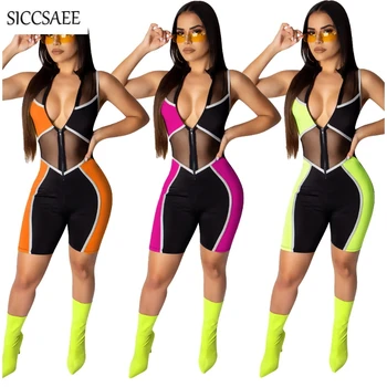 

Knee Length Pants Rompers Womens Jumpsuit Mesh Patchwork See Through Sexy One Piece Bodycon Bandage Bodysuit Slim Fit Playsuits