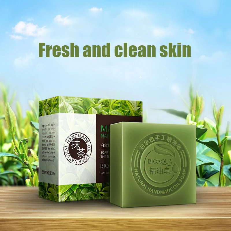 Organic Matcha Green Tea Handmade Soap Skin Whitening Moisturizing Face Cleansing Soap Remove Acne Cleansing Bath Bar Soap 100g 2