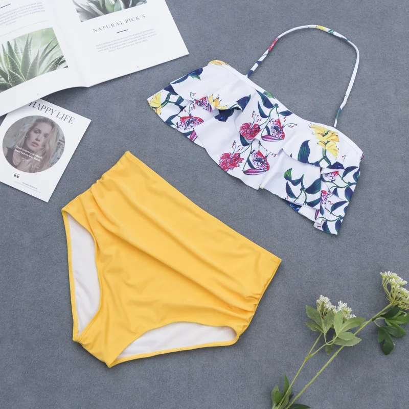 Плюс размер купальный костюм женский с высокой талией Мягкий бикини комплект из 2 предметов гофрированный воланом укороченный Бикини Топ с принтом вырезанный низ