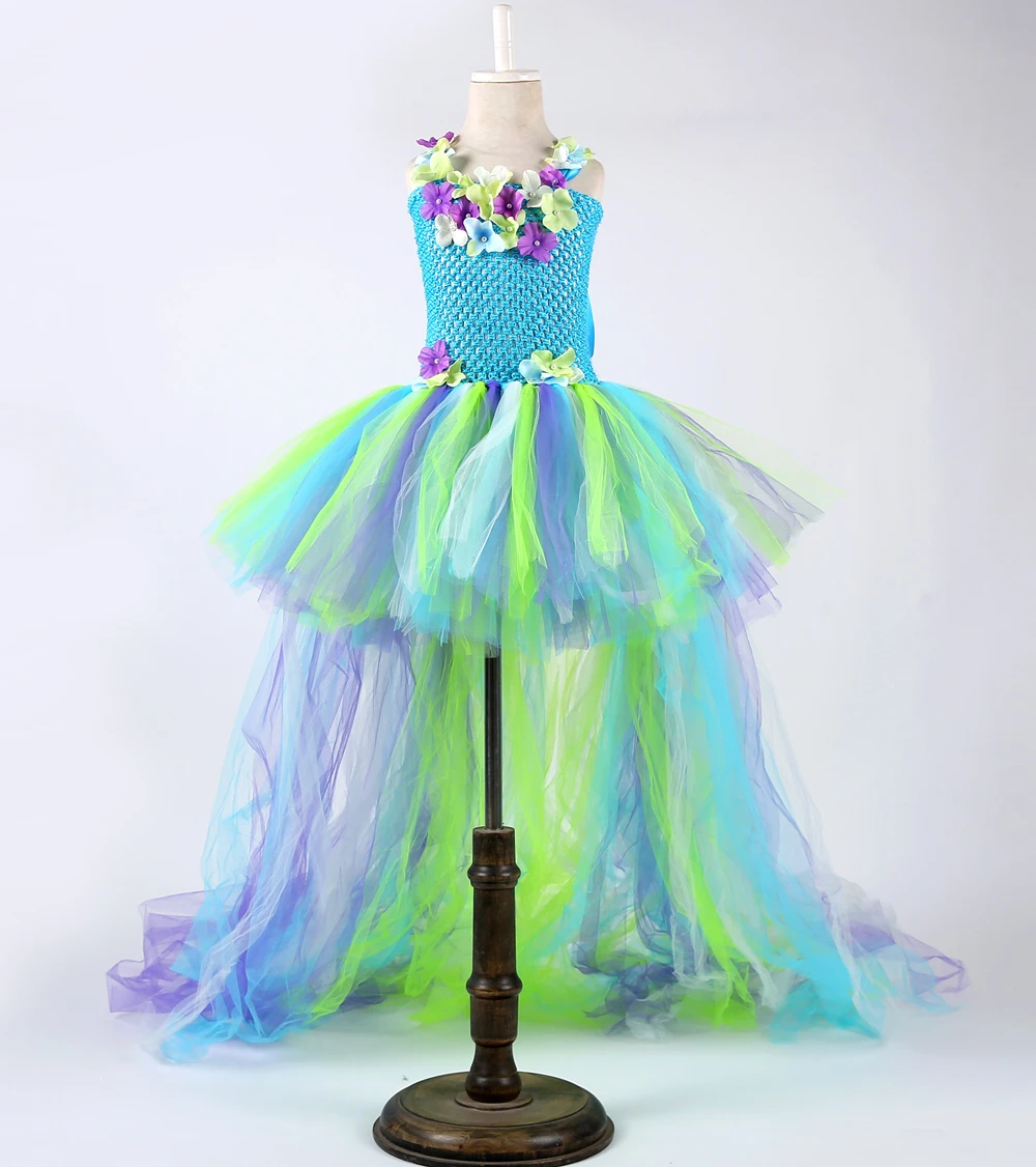 Платье с юбкой-пачкой для девочек; платье принцессы с длинным хвостом и цветочным рисунком для девочек; платье для дня рождения; Детский карнавальный костюм на Хэллоуин с крыльями