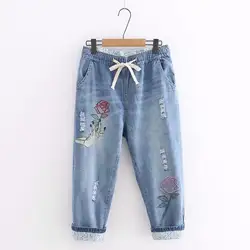 Джинсы Летние Новые вышитые эластичные талии шаровары свободные тонкие семь брюки ретро джинсы тонкие