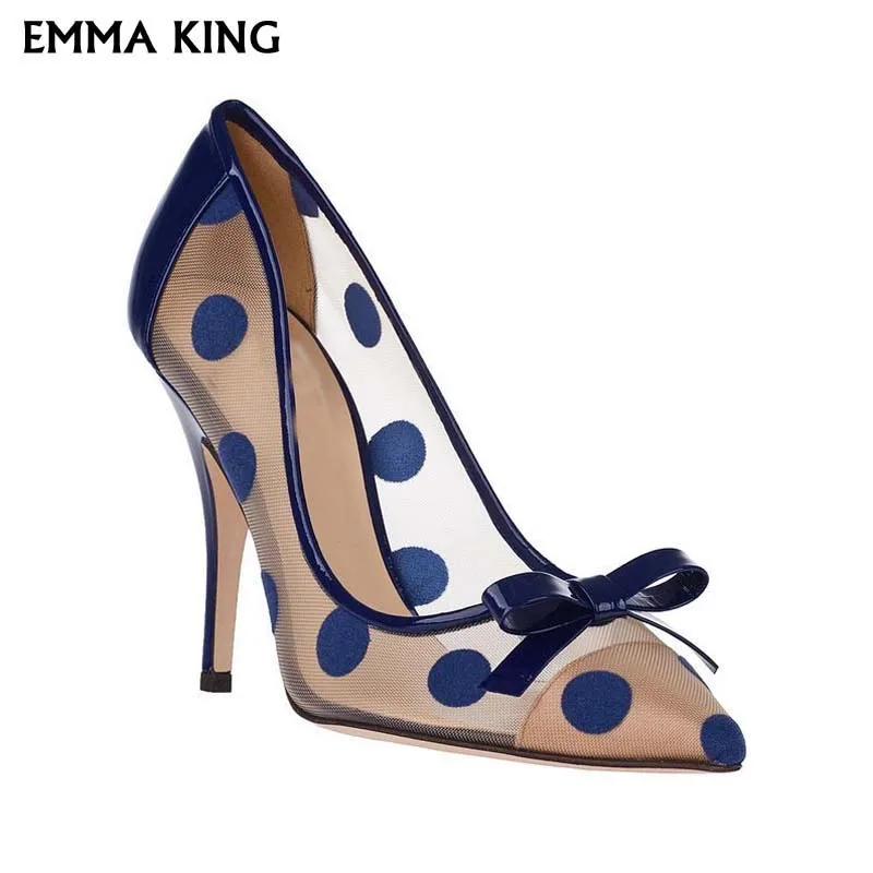 

2019 Elegant Polka-Dot Patent Leather Mesh and Point Toe Pumps Women Stiletto High Heels Fashion Party Dress Wedding Shoes Woman