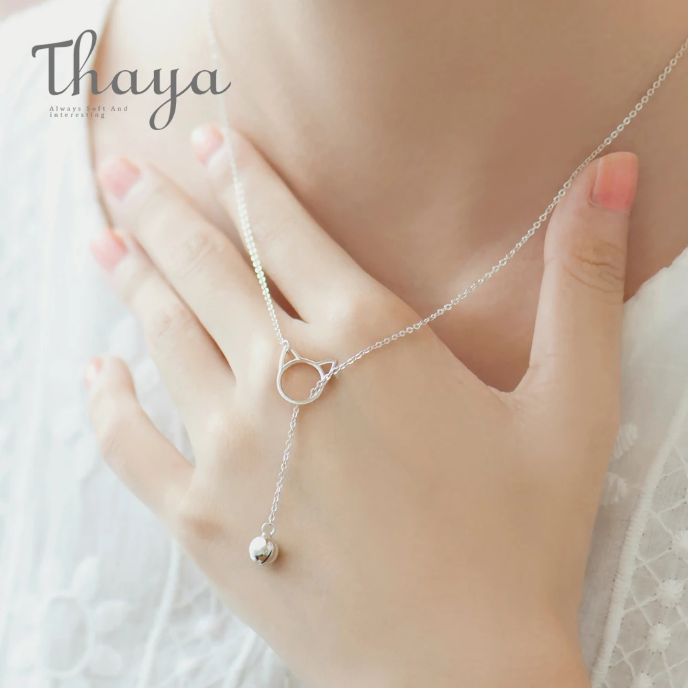 

Thaya 100% 925 Sterling Silver Long Pendant Bell Round Cat Necklace Fine Jewelry Cut and Simple Necklace for Women