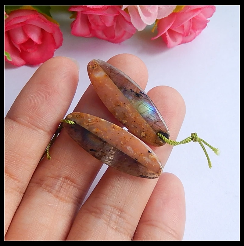 

New Design Pink Opal Labradorite Iatarsia Oval Shape Earring 31x11x3mm 3.83g semiprecious Stone Fashion Women Earrings