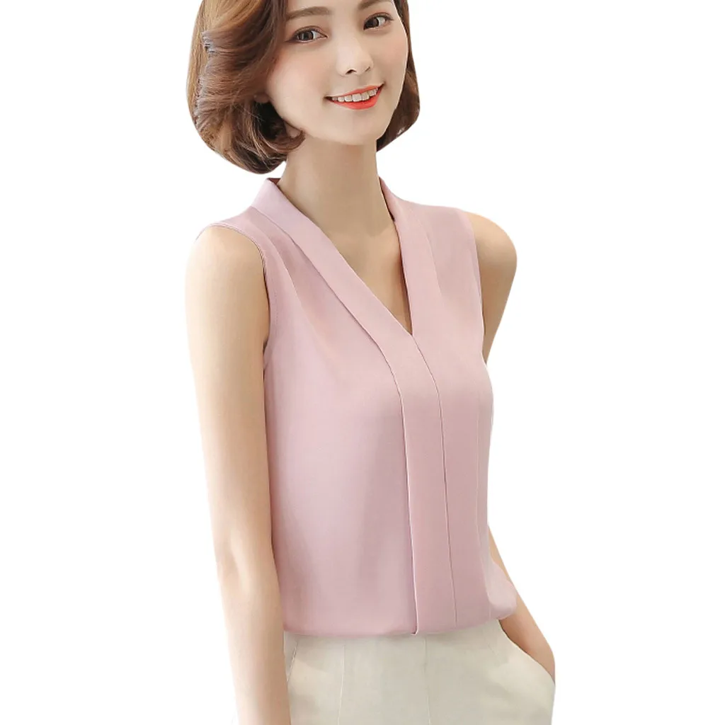 

elegant t shirt Women Brief Office Work Wear deep V Neck Shirts Sleeveless Chiffon Casual Tops sweet color female clothes#20