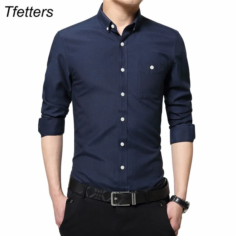 

TFETTERS Brand Shirt Men Plus Size 5XL Autumn Casual Men Shirts Long Sleeve Turn Down Collar Solid Color Office Slim Shirt Men