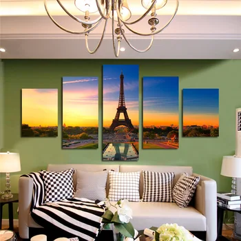 

FIVE PC NO FRAME Eiffel Tower setting sun Oil Painting Printed Oil Painting On Canvas Oil Painting for Home Decor Wall Decor