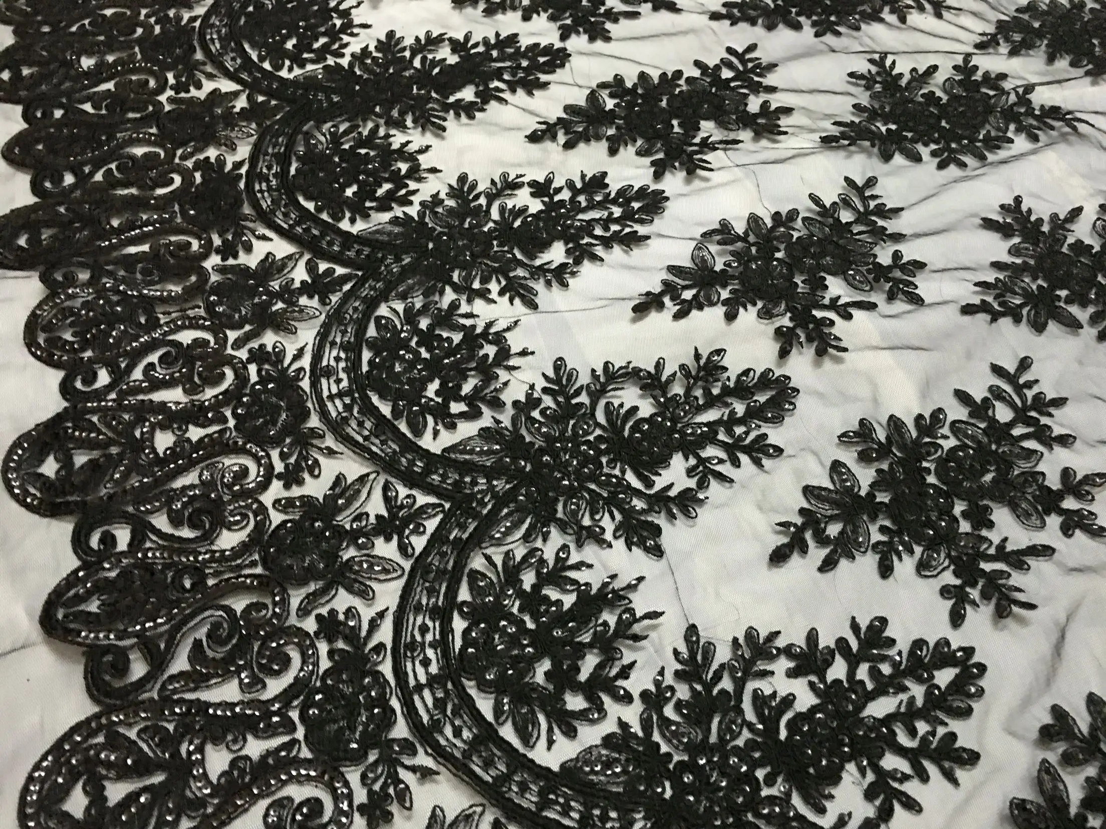 

Black cording beading sequined lace embroidery fabric for dress