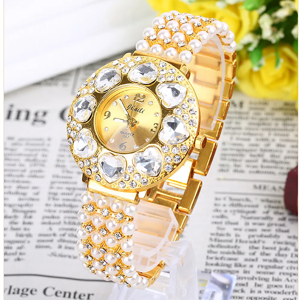 Luxury Girls Bracelet Watches Heart Shape Diamond Case Alloy Bangle