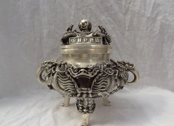 

Collectible bronze S1330 10" Chinese Silver 9 Dragon Head Ball Statue Bronze Box Incense Burner Censer