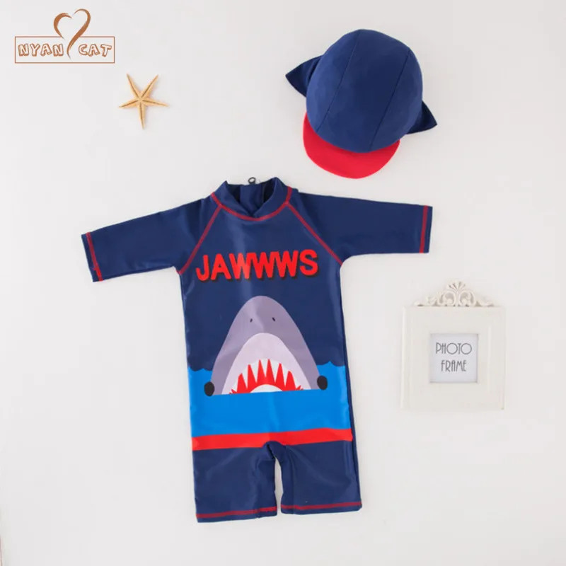 

summer baby boy blue shark swimwear+hat 2pcs set swimming suit infant toddler kids children swimwear hot spring Swear