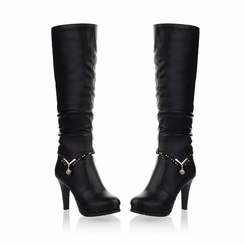 Mujer Beige 2 Altos La Botas Mujeres Con Tacones Tipos Hasta Rodilla Maneras Las negro Zapatos Impermeable Cuero Plantform ZqBSZfw