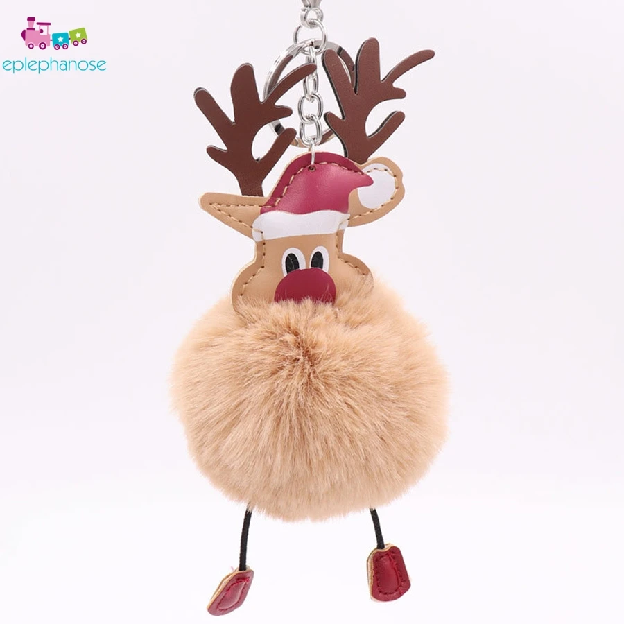 

Kawaii Christmas Elk Plush Toys Fluffy Fur Pom Pom Ball Metal Keyring Women Girls Bag Pendant Kids Birthday Gift Stuffed Toy
