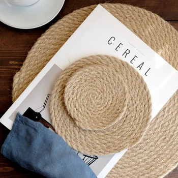 

DUNXDECO Table Placemat Pot Cup Mat Set Round Nature Linen Weaver Pad Modern Mesa Home Party Desk Decoration
