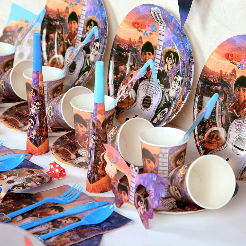 

65pcs/lot COCO Theme Party Decoration Disposable Tableware Set Plates Cups Napkins For Children Birthday Party Supplies